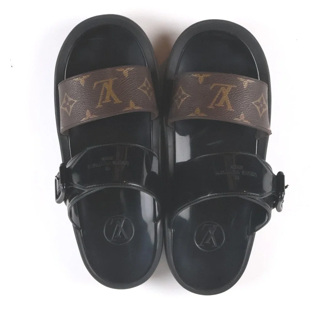 Louis Vuitton Flat Comfort Sandal Black Monogram 40 Leather Canvas